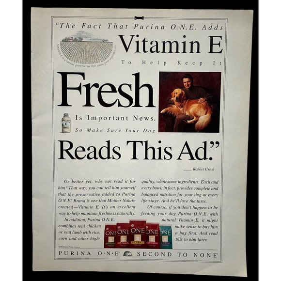 Purina One Dog Food Print Ad Vintage 1994 Pet Nutrition Second to None - Picture 1 of 6
